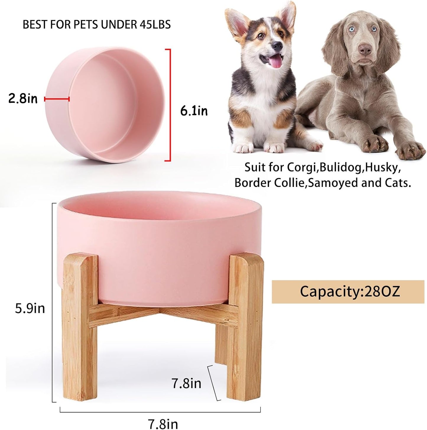 Petygooing 28 OZ Pink Elevated/Raised Ceramic Dog Bowl for Small and Medium Breeds, Dog Food Water Dish with Stand,Pet Feeding Bowl with Anti Slip Rubber for Cats Small and Medium Dogs (3.6 Cups)