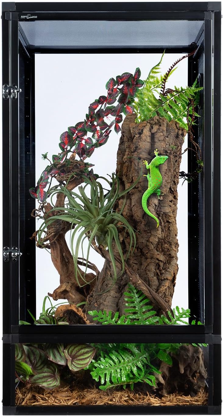 REPTI ZOO 16" x 16" x 30" Front Opening Chameleon Cage with 3-Sided Metal Mesh, 33 Gallon Screen Vertical Terrarium with Background Sticker, Tall Enclosure for Chameleon, Tree Frog, Arboreal Reptiles