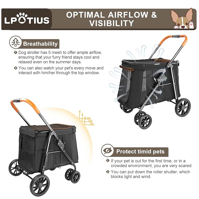 Pet Stroller for Large & Medium Dogs up to 70 lbs, 4-Wheel Extra Large Dog Stroller with 3-Way Entry & Sunshade, Heavy Duty Puppy Wagon with One-Click Folding, All-Terrain & Ventilated, Black