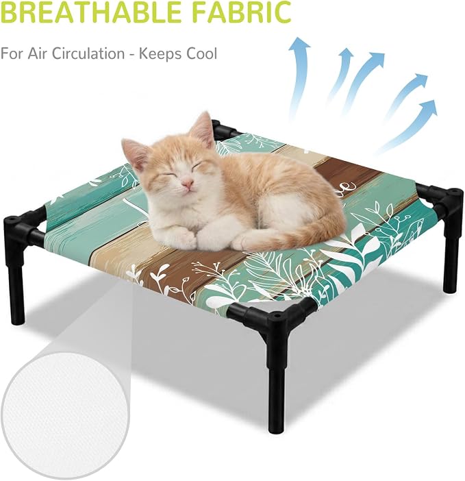 Outdoor Elevated Dog Bed for Small Dogs, Teal Green Brown Botanical Breathable Cooling Raised Dog Cot for Indoor/Outdoor, Farmhouse Wooden Leaves Waterproof Elevated Pet Beds, S 20 x 20 in