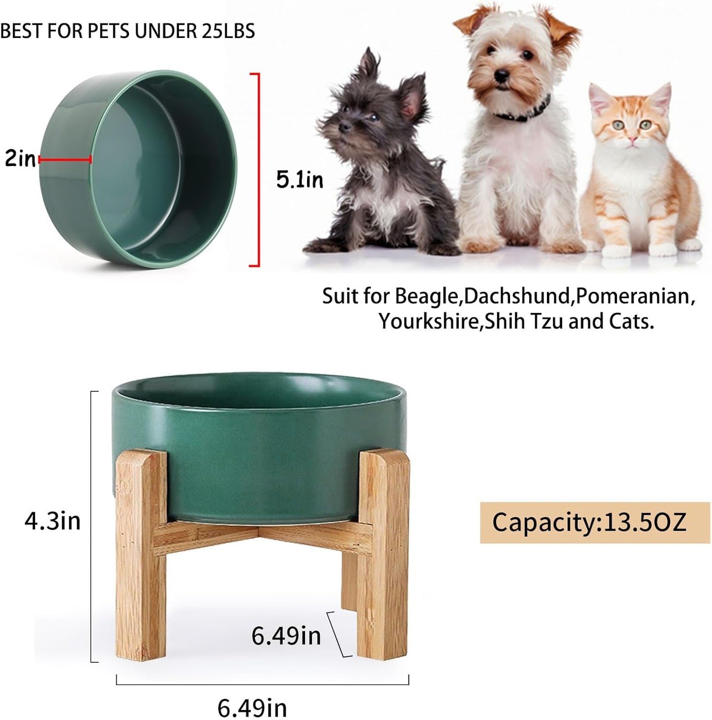 Petygooing Green Elevated/Raised Ceramic Dog Bowl for Small Breeds, Dog Food Water Dish with Stand,Pet Feeding Bowl with Anti Slip Rubber for Cats and Small Dogs Puppy 13.5 OZ (5.1In / 1.7 Cups)