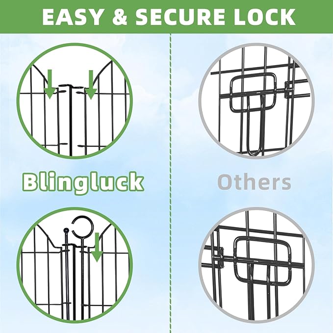 Blingluck Decorative Metal Garden Fence with Gate Lock 10 Panels, 24in (H) x 20ft (L) No Dig Dog Fence Outdoor for Yard, Temporary Rustproof Metal Wire Rabbit Dog Garden Border Fencing for Patio