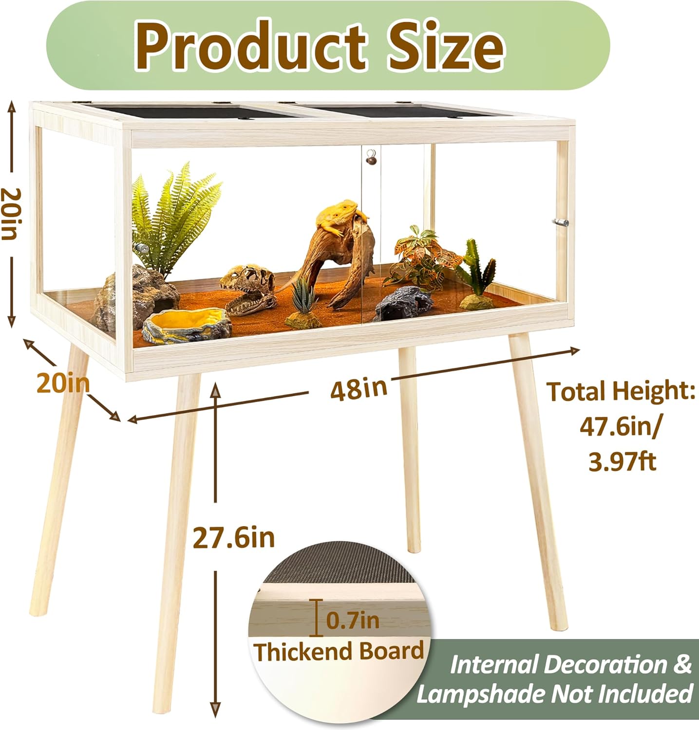 Prolee Tempered Glass Reptile Enclosure with Leg,48“ Scratch-Proof Bearded Dragon Tank,79 Gallon Lizard Tank with Metal Mesh Tops and Lockable Door,Spacious Reptile Habitat for Snake,Lizard (Oak)