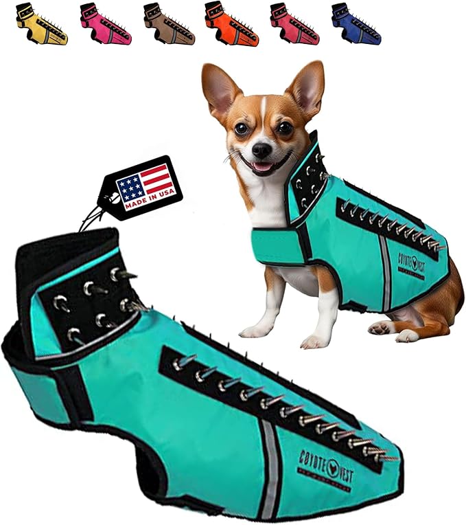 CoyoteVest SpikeVest Dog Harness, Made in the USA, M-Turquoise | Stab-Resistant Protective Vest | Coyote Vest for Dogs | Defends Against Coyotes, Dogs, Birds of Prey | Reflective Safety