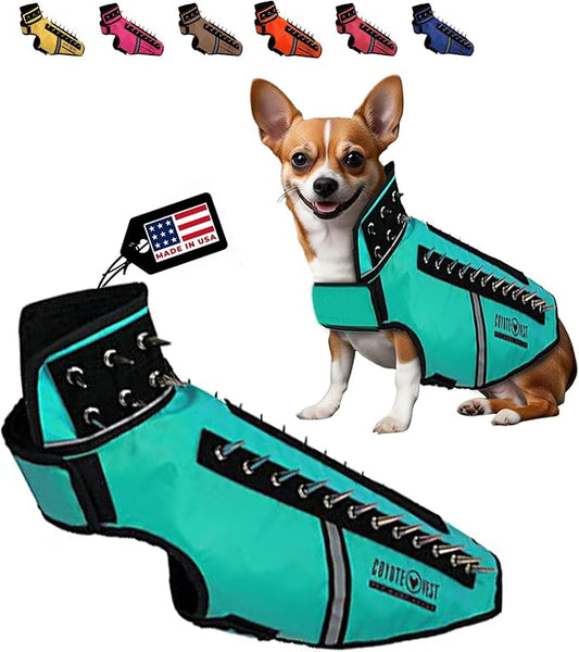 CoyoteVest SpikeVest Dog Harness, Made in the USA, M-Turquoise | Stab-Resistant Protective Vest | Coyote Vest for Dogs | Defends Against Coyotes, Dogs, Birds of Prey | Reflective Safety