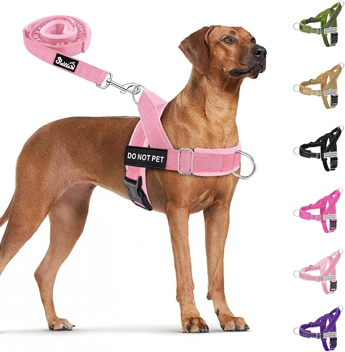 SlowTon No Pull Dog Harness with Front Clip - Heavy Duty, Soft Padded | Neck & Chest Adjustable, Tactical Pet Vest and Leash Set for Large Medium Sized Dogs, for Easy Walk & Training, Pink M
