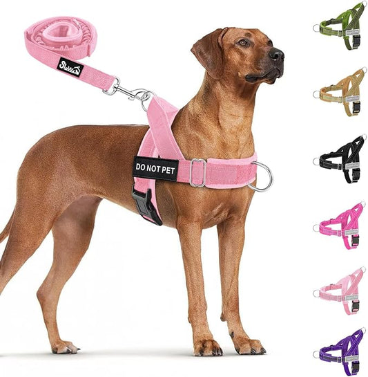 SlowTon No Pull Dog Harness with Front Clip - Heavy Duty, Soft Padded | Neck & Chest Adjustable, Tactical Pet Vest and Leash Set for Large Medium Sized Dogs, for Easy Walk & Training, Pink M