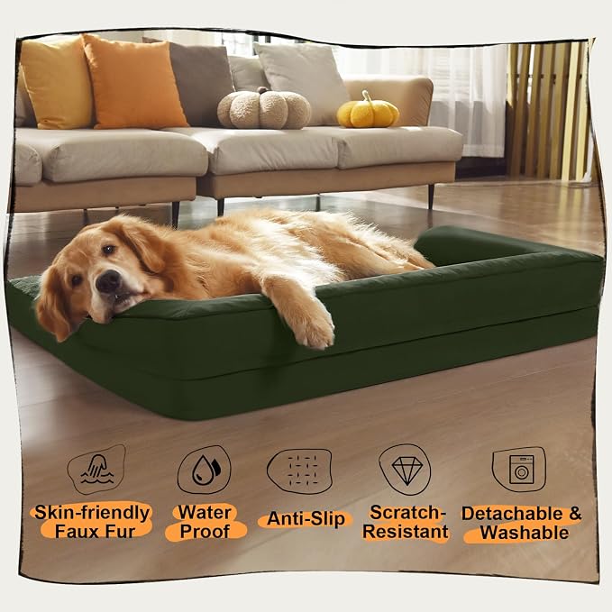 Orthopedic Washable Dog Bed with Bolster for Large Sized Dogs | Pillow Support for Neck Relief, Egg Crate Foam, Waterproof Liner, Anti-Slip Bottom, Machine Washable Cover, 38 x 25 Inch