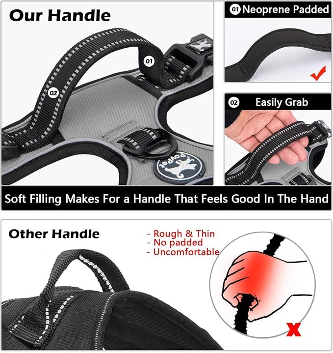 PoyPet No Pull Dog Harness Large with Front Clip & Neck Release Buckle | No Choke, Adjustable Vest, Reflective, Back Clip, Lockable, Soft Padded, Easy Control Handle for Walking Training, XL, Grey