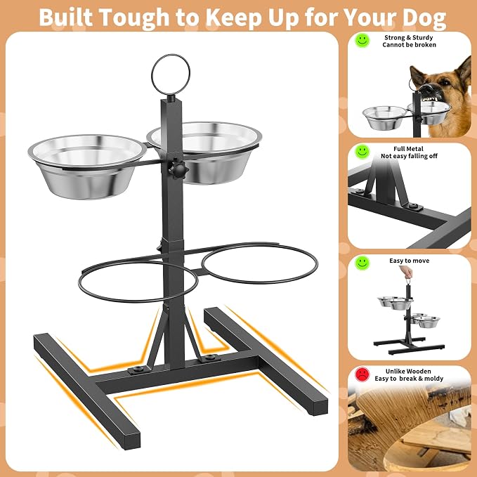 Elevated Dog Bowls with 2 Feeding Platforms for Medium/Large/Multi-Dogs, 6-17.5” Any-Height Adjustable Tall Feeding Station, Raised Food and Water Bowl Stand, 4 * 41oz Bowl