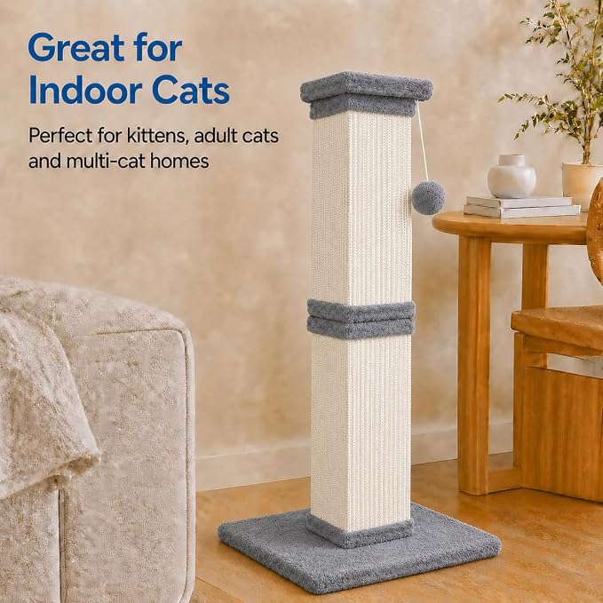 Vertical Cat Scratching Post for Indoor Cats, Sisal Scratch Tower with Soft Plush Base & Ball, 32'' Tall Cat Scratcher Column for Kittens and Adult Cats, Furniture Protection, Light Grey