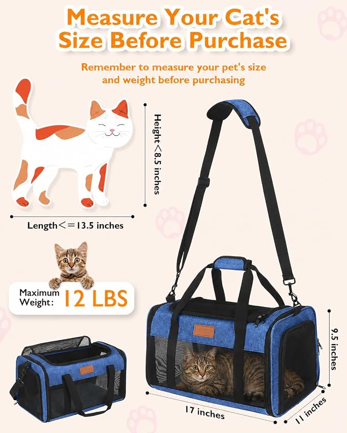 PETUX Airline Approved Pet Carrier for Small Cats up to 12 lb, Blue | 17x11x9.5 in, Underseat, Top & Side Entry, Soft Sided Cat Carrier with Breathable Anti-Scratch Mesh for Travel & Vet