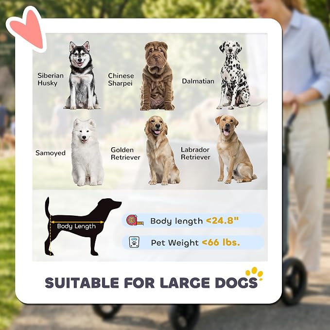 PawHut Dog Stroller for Large Dogs, One-Click Folding 4 Wheel Large Pet Stroller Wagon for Multiple Pets, All Terrain Spring Suspension w/ 8-Position Adjustable Handle, Mesh Window, Up to 66 LBS, Gray