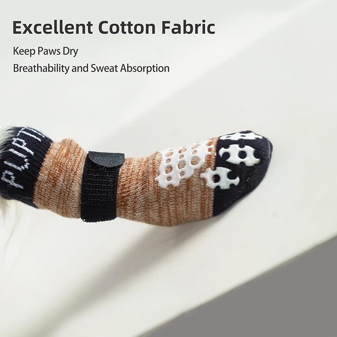 PUPTECK Anti-Slip Dog Socks with Double Sides Grips for Small Medium Large Dogs Hardwood Floors Prevents Licking, Dog Shoes for Hot Pavement Traction Control Paw Protector for Senior Dogs, Khaki XXL
