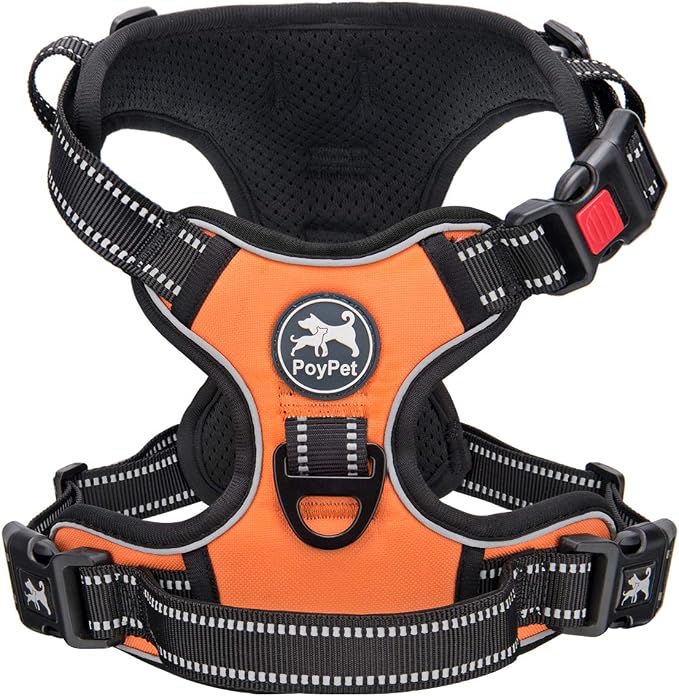 PoyPet No Pull Dog Harness Medium with Front Clip & Neck Release Buckle | No Choke, Adjustable Vest, Reflective, Back Clip, Lockable, Soft Padded, Easy Control Handle for Walking Training, M, Orange