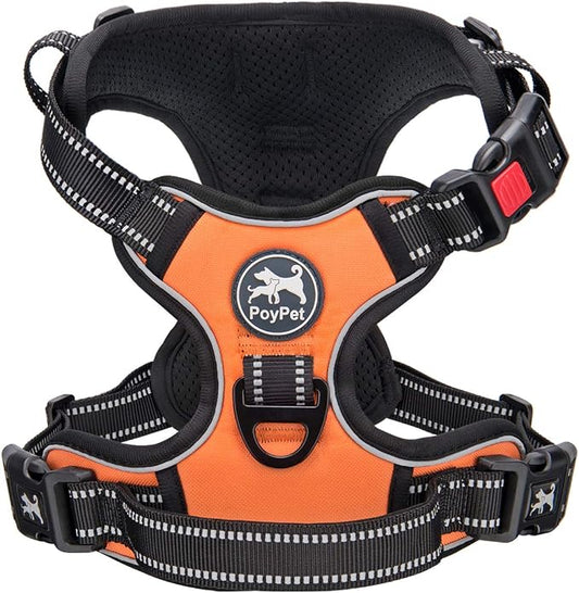 PoyPet No Pull Dog Harness Large with Front Clip & Neck Release Buckle | No Choke, Adjustable Vest, Reflective, Back Clip, Lockable, Soft Padded, Easy Control Handle for Walking Training, L, Orange