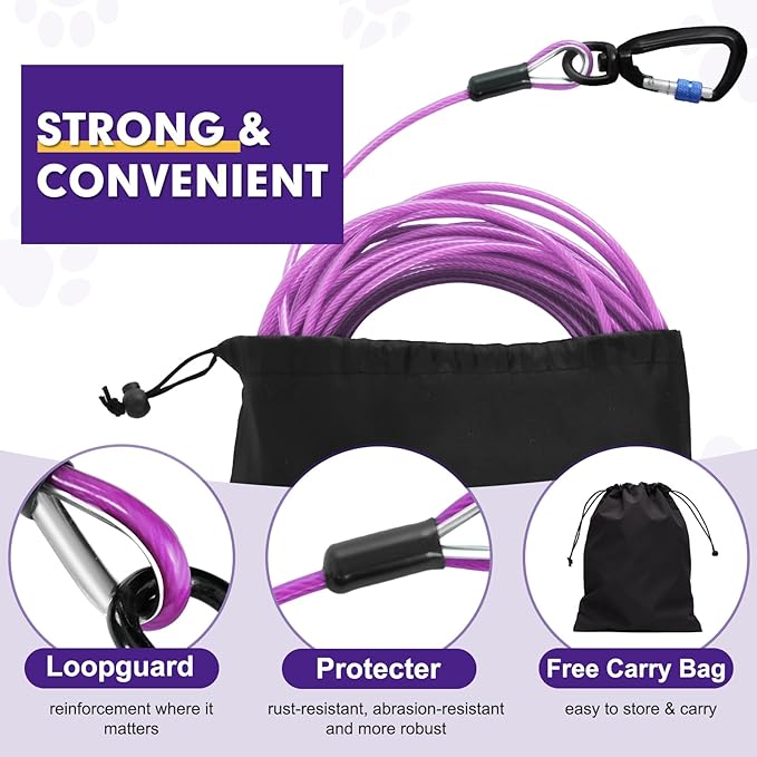 Snagle Paw Heavy Duty Long Dog Leads for Yard 120FT-1000LBS Break Strength,Dog Tie Out Cable with Swivel Lockable Hook & Spring,Chew Proof Dog Chain for Outside,Dog Run Cable for Medium Large Dogs