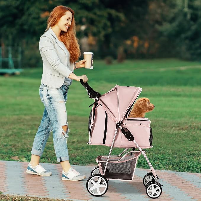 Pet Stroller for Small Dogs and CatsQuick-Folding Portable Travel Cat Dog Stroller with Storage Basket and Cup Holder, 4 Wheels, Light Pink
