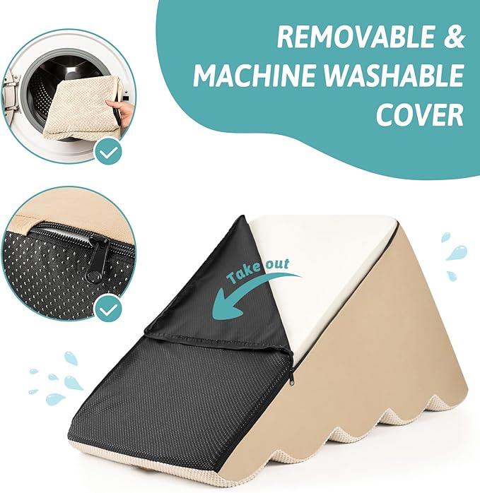 Dog Stairs for Small Dogs 19.7"H, 5-Step Sturdy Foam Dog Steps for Couch, Bed or Sofa, Curved Pet Stairs for Puppy and Older Cat, Doggie Ladder with Washable Cover, 15.7x33x19.7 inch, Beige