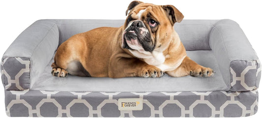 Friends Forever Harper Memory Foam Orthopedic Dog Bed, Calming Couch For Indoor Pet With Bolster, Machine Washable Extra Soft Faux Suede Removable Cover, Plush Crate Mat, 36x28x9", Grey
