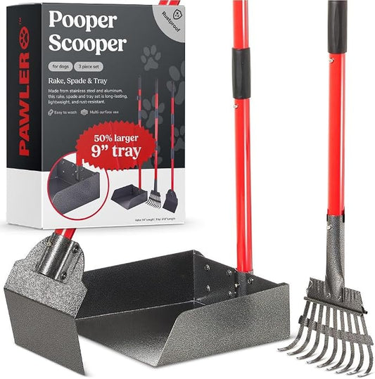 Pooper Scooper for Dogs, Heavy Duty Long Handle Rake, Spade & XL Tray | Rustproof Aluminum Poop Scooper for Large Dogs, 36+" Handles and 9”W 9.5”L Extra Large Tray for Yard, Grass, Dirt & Gravel