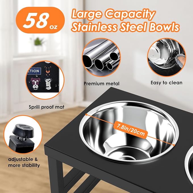 Metal Raised Dog Bowl, 10" Elevate Dog Feeder Stand, 2 Bowls & Non-Slip Mat