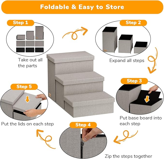 3-Step Wide Dog Stairs with Storage 18" H, Non-Slip Sturdy Pet Steps for High Bed Couch Window, Pet Stairs for Small/Medium/Large Old Dogs Cats Up to 200lbs, Cat Dog Steps for Car/SUV, Grey