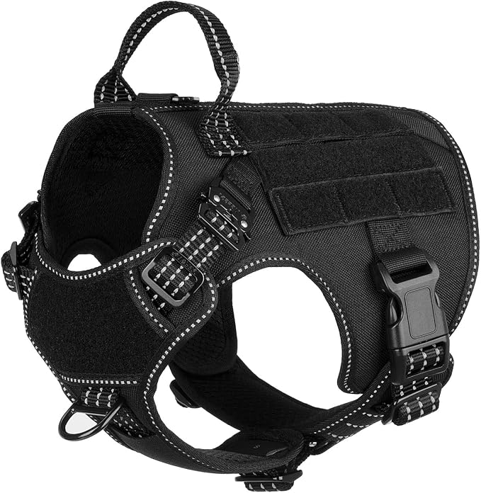 ICEFANG Tactical Dog Harness for Small Dogs,Reflective No Pull Dog Vest | with Control Handle,Adjustable,Front Hook,2 Leash Clips,Soft Padded,MOLLE Panel,Black,Small