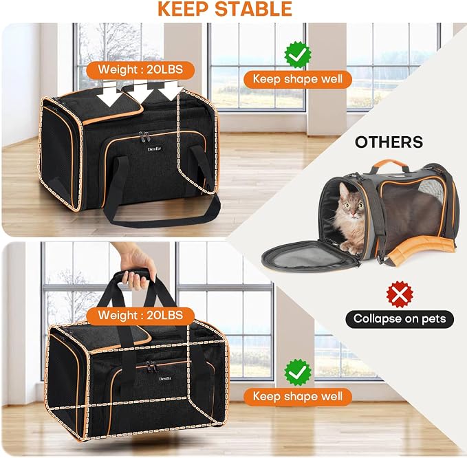 Pet Carrier, Large Soft Sided Expandable Travel Carrier with Steel Frame, Anti-Scratch Mesh, Removable Fleece Pad and Pockets for Cats, Dogs and Small Animals up to 15 lbs (Black, 4 Sides Expandable)