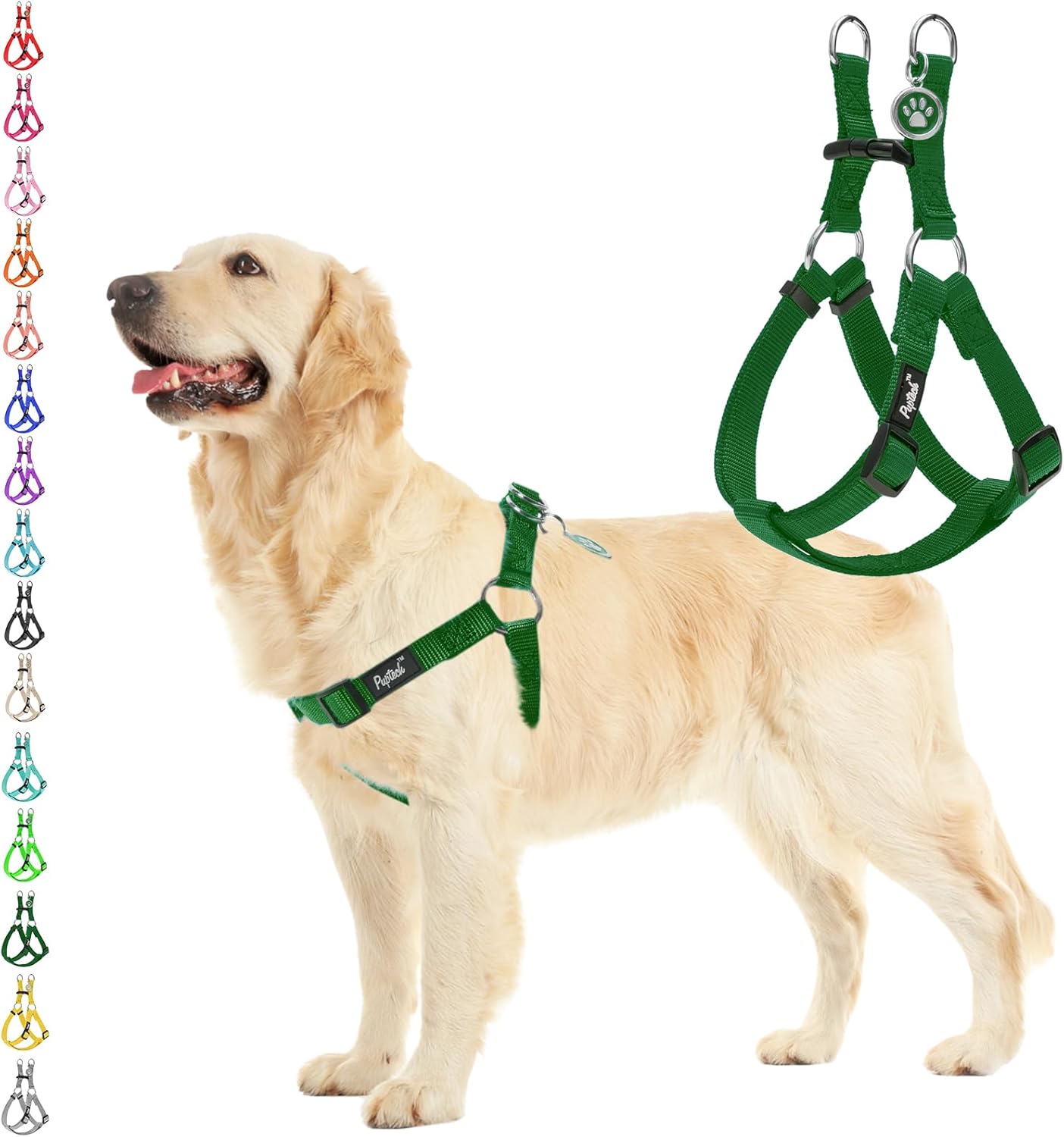 PUPTECK No Pull Dog Harness Soft Adjustable Basic Nylon Step in Puppy Vest Outdoor Walking with ID Tag, Blackish Green, L