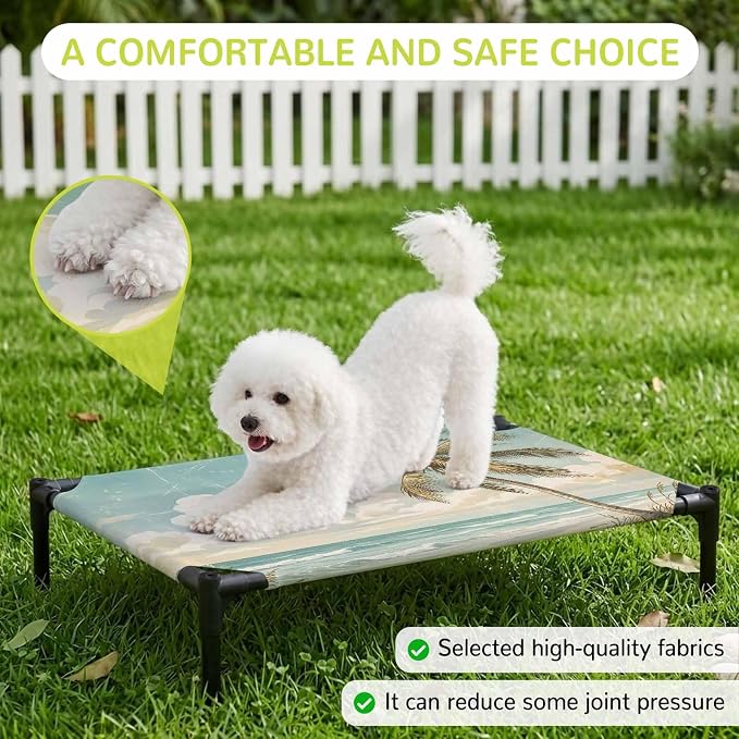 Outdoor Elevated Dog Bed for Medium Dogs, Palm Trees Breathable Cooling Raised Dog Cot for Indoor/Outdoor, Beach Summer Blue Ocean Sky Natural Landscape Waterproof Elevated Pet Beds, M 24 x 20 in