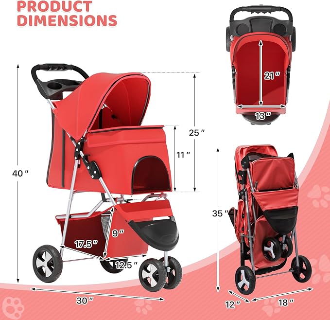 Magshion 3-Wheel Pet Stroller, Foldable Travel Jogger for Small & Medium Dogs & Cats (Up to 33lbs), Lightweight Carrier with Breathable Mesh Cover, Cup Holder & Storage Basket, Red