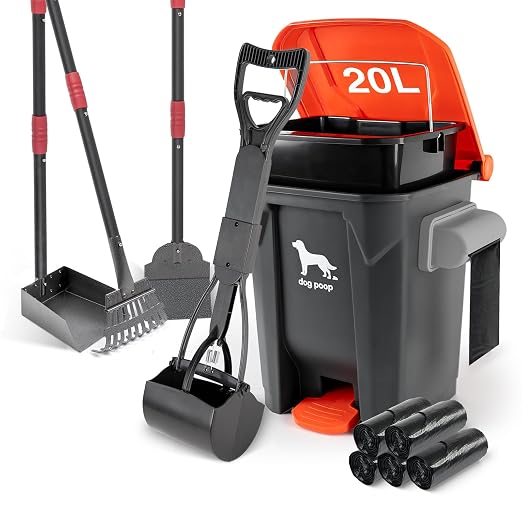 Dog Pooper Scooper, 7Pcs Set Poop Trash Can with Removable Inner Bucket, Long Handle Tray & Rake, 60 Waste Bags, Dog Waste Large Bin Waterproof for Outdoor, Backyard, Garden