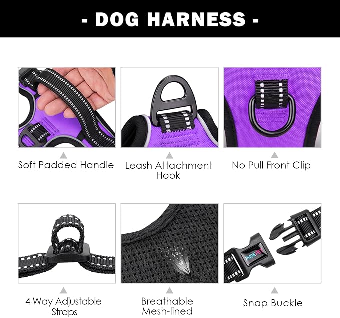 No Pull Dog Harnesses for Small Dogs Reflective Adjustable | Front Clip Vest with Handle 2 Metal Rings 3 Buckles [Easy to Put on & Take off](S, Purple)