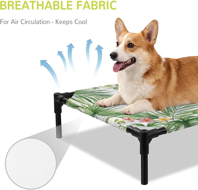 Outdoor Elevated Dog Bed for Medium Dogs, Summer Hummingbirds Breathable Cooling Raised Dog Cot for Indoor/Outdoor, Farmhouse Floral Palm Leaves Wooden Waterproof Elevated Pet Beds, M 24 x 20 in