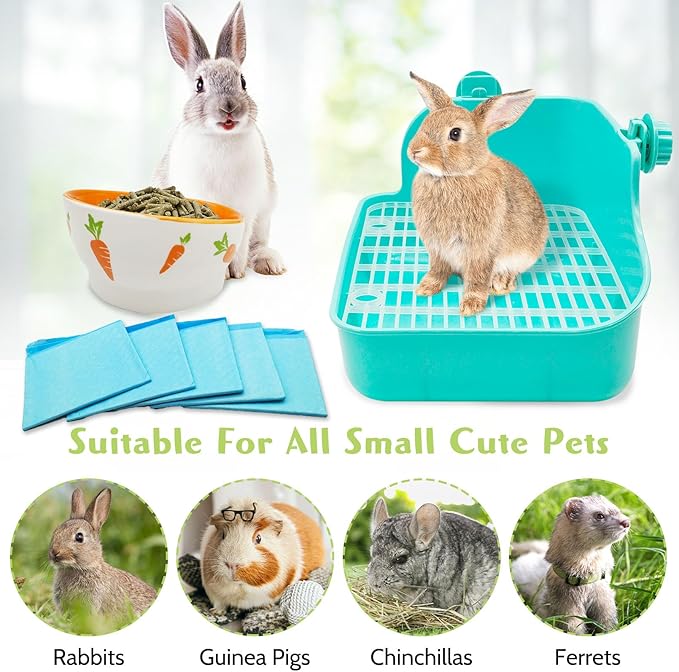 PINVNBY Multi-Purpose Plastic Rabbit Litter Box Set, 5 Disposable Pet Pads, Mini Broom & Dustpan, Ceramic Rabbit Feeding Bowl - Ideal for Rabbits, Guinea Pigs