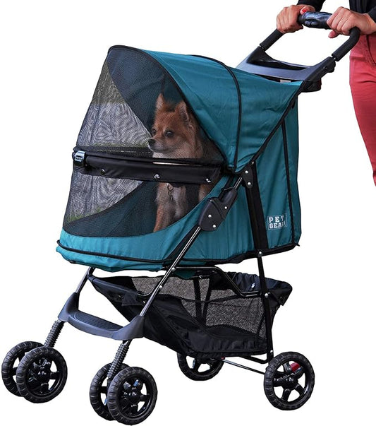 Pet Gear No-Zip Happy Trails Pet Stroller for Cats/Dogs, NEW Emerald | Zipperless Entry, Easy Fold with Removable Liner, Safety Tether, Storage Basket + Cup Holder