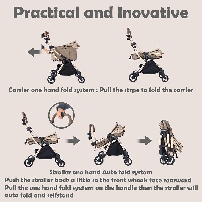 Auto-Folding Pet Stroller with Detachable Carrier, One-Hand Fold Frame & Carrier, Supports up to 33 lbs, Beige