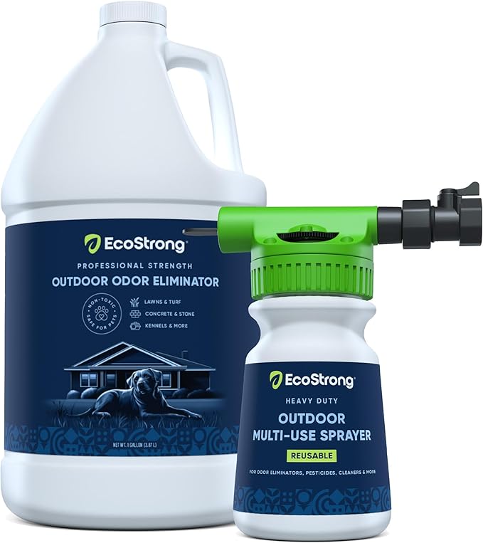 Eco Strong Outdoor Odor Eliminator | Outside Dog Urine Enzyme Cleaner – Powerful Pet, Cat, Animal Scent Deodorizer | Professional Strength for Yard, Turf, Kennels, Patios, Decks (Gallon with Sprayer)