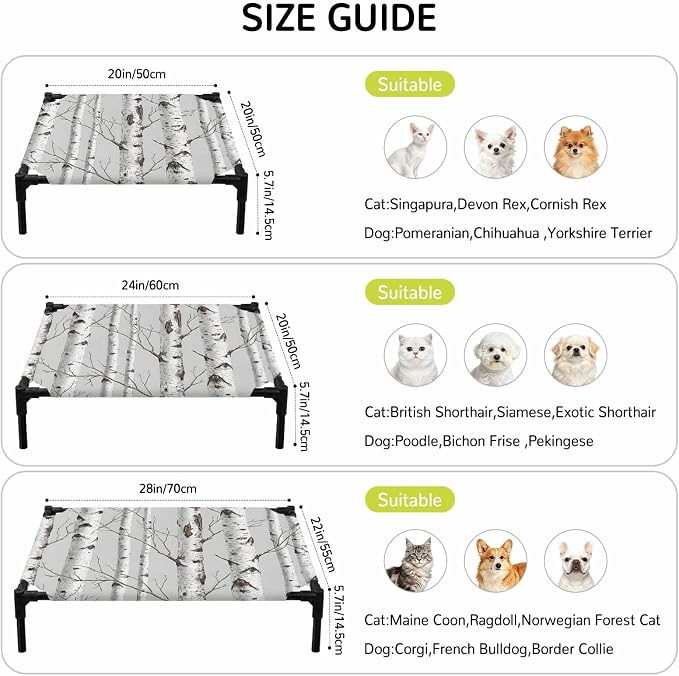 Outdoor Elevated Dog Bed for Medium Dogs, White Branch Breathable Cooling Raised Dog Cot for Indoor/Outdoor, Natural Tree Forest Country Mottled Trunk Plants Waterproof Elevated Pet Beds, M 24 x 20 In