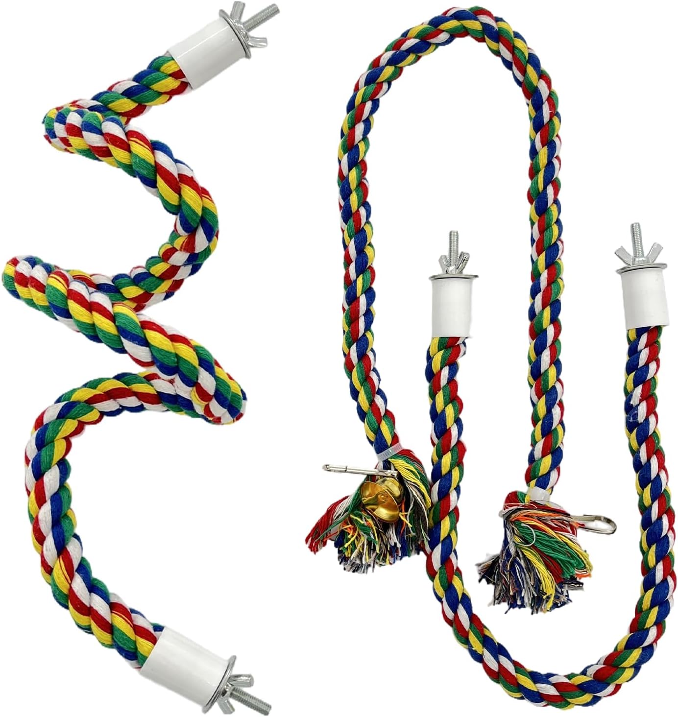 3 Pcs Bird Perch Cage Accessories Perches for Rope Cages Colorful Parrot Ropebird Flexible Parrot Toys (Large + Small) Double-Head Screw Type * 1 + Hook Cotton Rope Type * 1