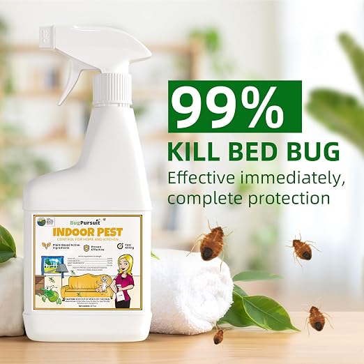 BugPursuit Indoor Pest Control Spray 24oz for Home and Kitchen –Bug Killer & Insect Repellent, Kills Carpet Beetles, Ants, Spiders, Beg Bugs, Roaches, Flea & Tick- Non Staining-Child and Pet Safe