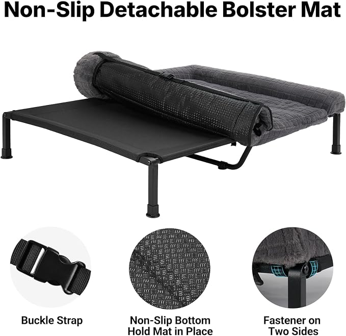 Veehoo Elevated Dog Bed with Fluffy Plush Bolster Cushion, Dog Couch Bed | Cooling Raised Dog Bed for Large Dogs, Washable Orthopedic Pet Cot with Removable Mat, Breathable Mesh, Non-Slip, 53", Grey