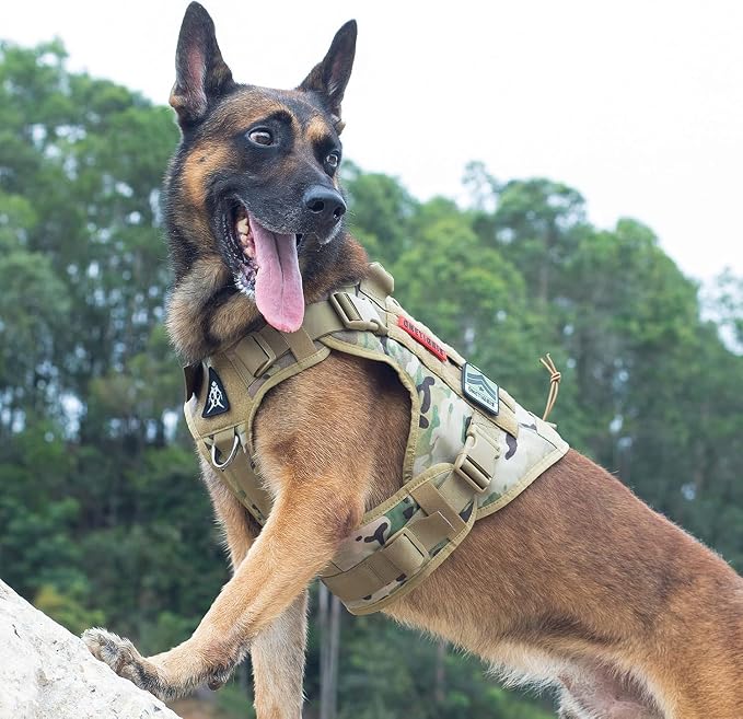 OneTigris Tactical Dog Harness with Handle No-Pull Adjustable for Large Dog | Military 1000D Pullable Nylon, Service Dog Vest with Hook & Loop Panels, Easy On & Off for Walking Hiking Training Camo L