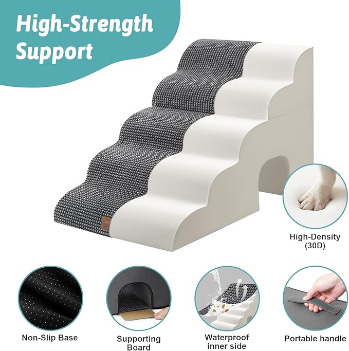 Extra Wide Dog Stairs with Tunnel, Detachable Large Pet Step for Small Medium Dog, Puppy or Cat, Ramp for High Bed, Couch, Sofa or Car, Stable, 19.7x33x22.4 inch, 5 Step, Charcoal Grey