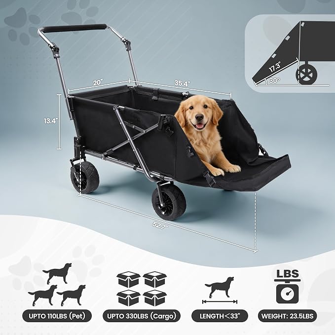 REDCAMP Folding Dog Wagon for Large Dogs, 110lbs Heavy Duty Pet Stroller | 17.3" Extendable Rear Ramp for 2 Medium Dogs, All-Terrain Dog Cart with Brakes & Push Handle for Senior Pet, Black