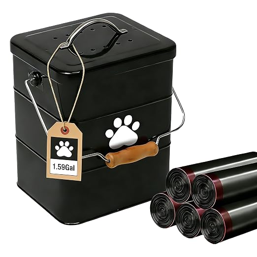 Metal Dog Poop Trash Can Outside,1.5Gal/6L Dog Waste Trash Can with Lid/Filter/Handle,Pet Waste Container Bucket with 75 Trash Bags-Black