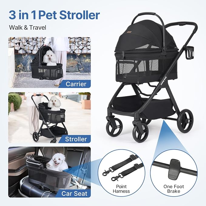 X-5 Pet Stroller for Medium Pets Up to 55 lbs, Net Black | Full View, Adjustable Handle, Detachable Carrier, Convertible Car Seat, One-Touch Fold, All-Terrain Wheels, 3-in-1 Design