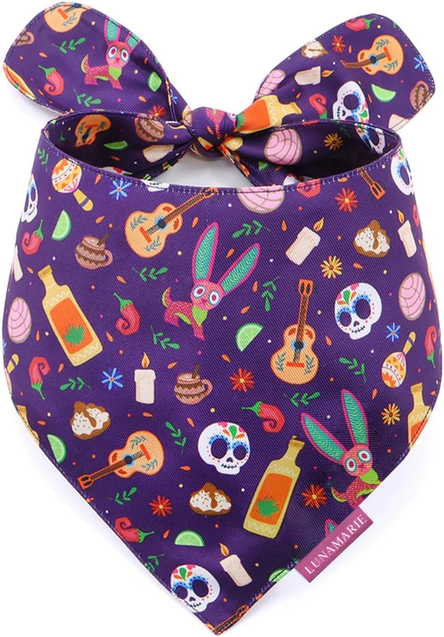 LunaMarie - Luxury Dog Bandanas - Dia De Los Muertos Design | Premium & Silky Poly Fabric | 100% Handmade | Custom Shape Dual Layered Reversible Small, Medium, Large Cat Scarf (Day Of The Dead, Small)