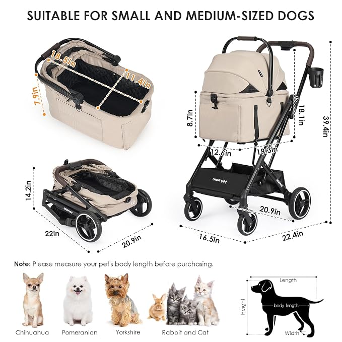 X2 Pet Stroller, Dog Cat Stroller for Small Pets with Detachable Carrier, Lightweight Foldable Cat Carrier Dog Car Seat for Puppy Doggy up to 44lbs, Canopy and Waterproof Pad, Camel